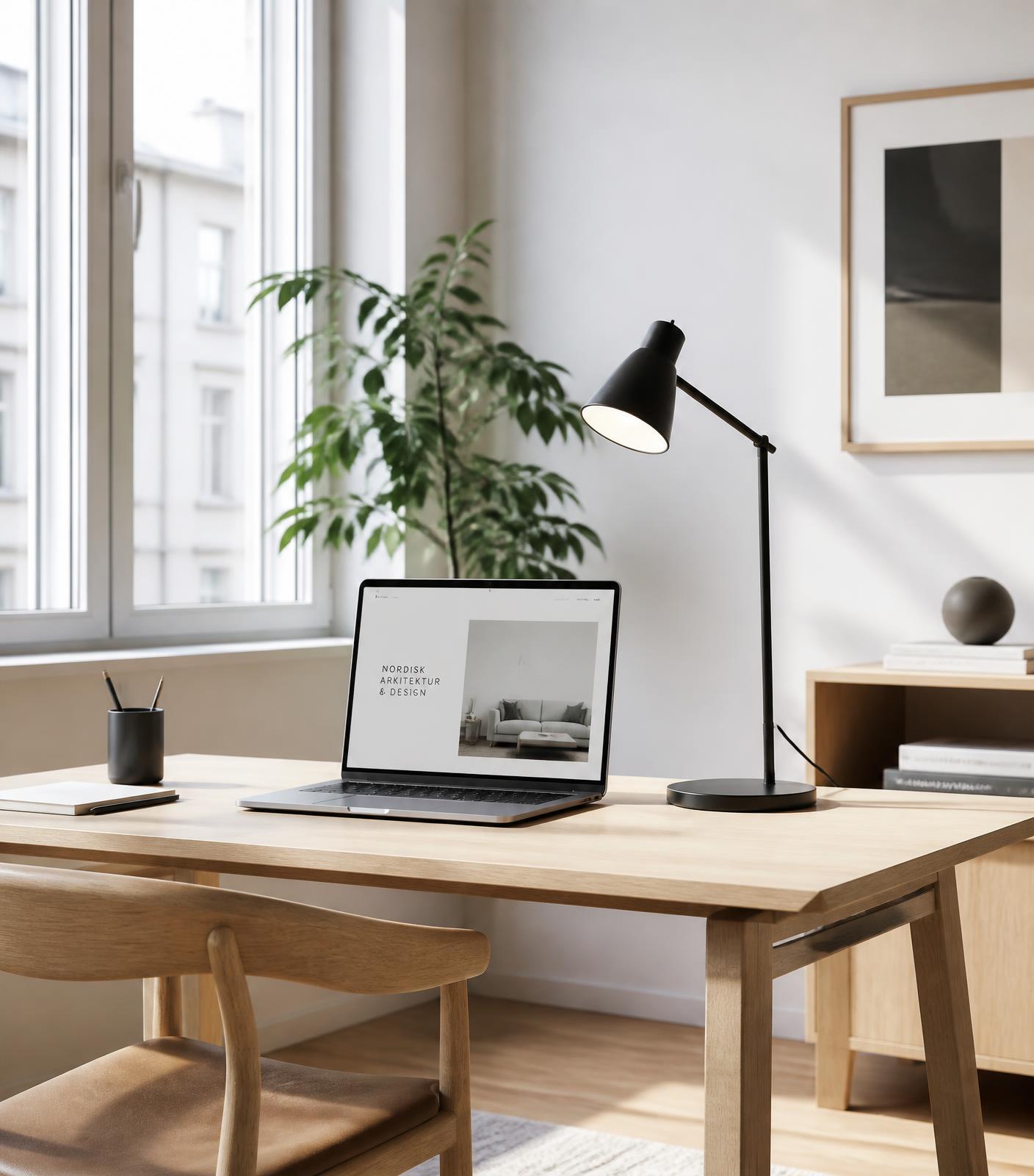 Ljust nordiskt kontor med en laptop som visar en modern hemsida
